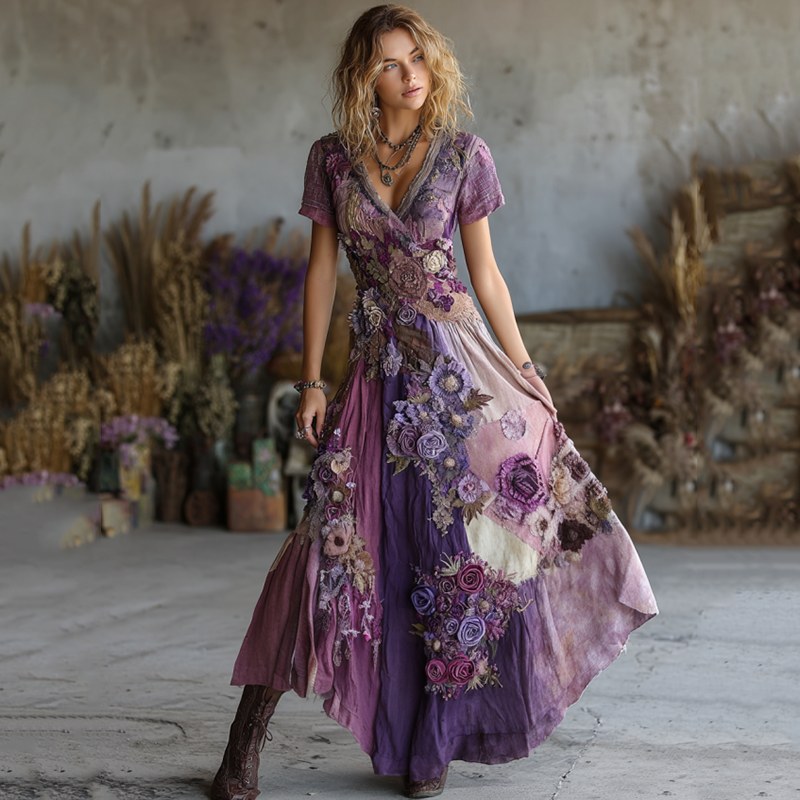 Vintage Purple Patchwork And Floral Embroidered Art Linen Maxi Dress artswardrobe