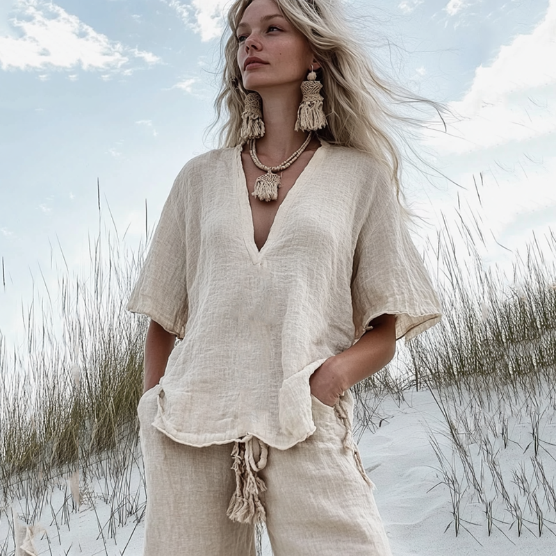 Women's V Neck Casual Linen Top artswardrobe