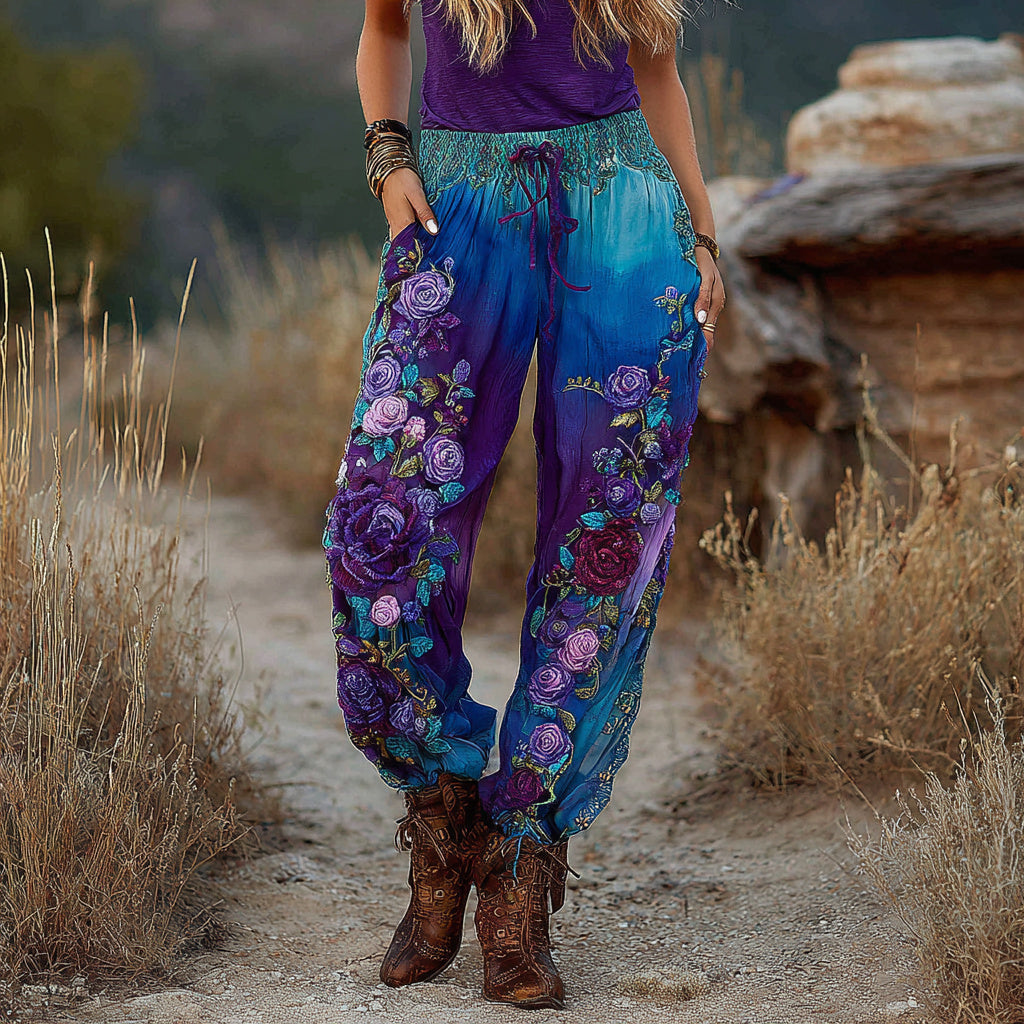 Classy Vintage Purple And Blue Lavender Patchwork And Floral Embroidered Art Gradient Linen Pants artswardrobe