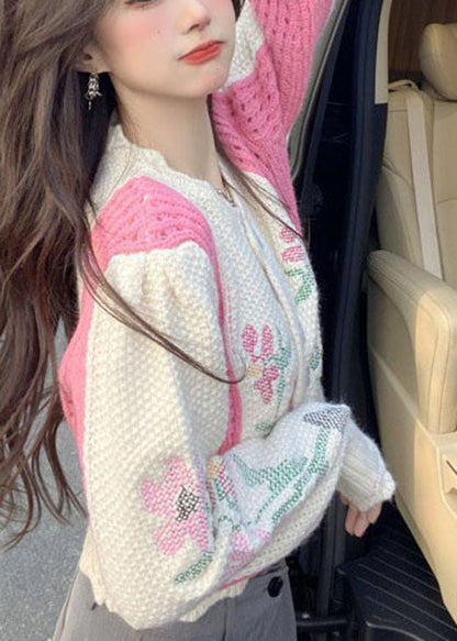 Diy Beige Embroideried Hollow Out Button Fall Sweater