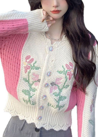 Diy Beige Embroideried Hollow Out Button Fall Sweater
