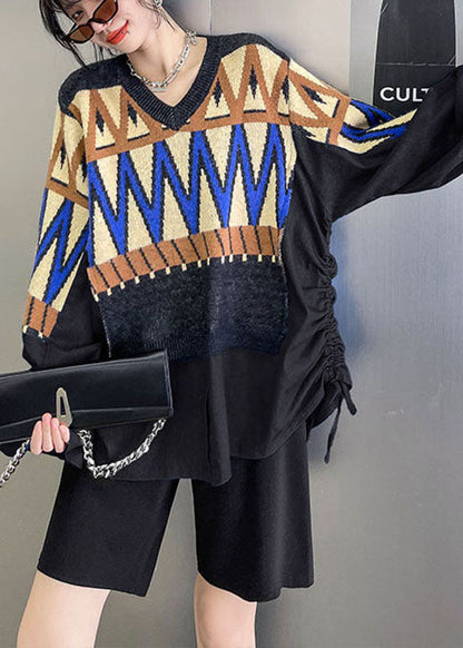 Diy Blue Knit Patchwork Denim Drawstring Fall Sweaters