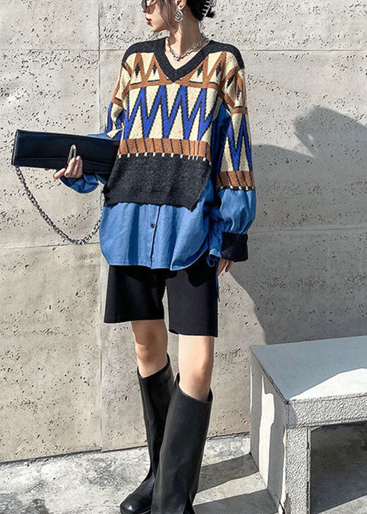 Diy Blue Knit Patchwork Denim Drawstring Fall Sweaters