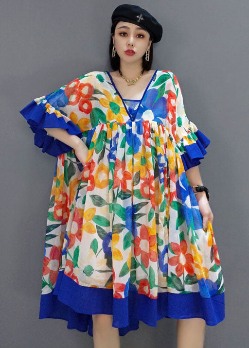Diy Blue Wrinkled V Neck Print Chiffon Dresses Summer