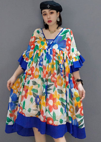 Diy Blue Wrinkled V Neck Print Chiffon Dresses Summer