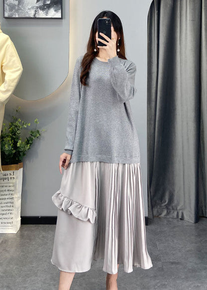 Diy Grey Ruffled Patchwork Knit Dresses Winter