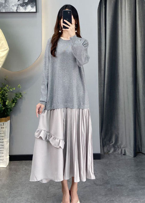 Diy Grey Ruffled Patchwork Knit Dresses Winter