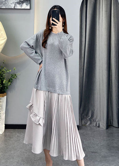 Diy Grey Ruffled Patchwork Knit Dresses Winter