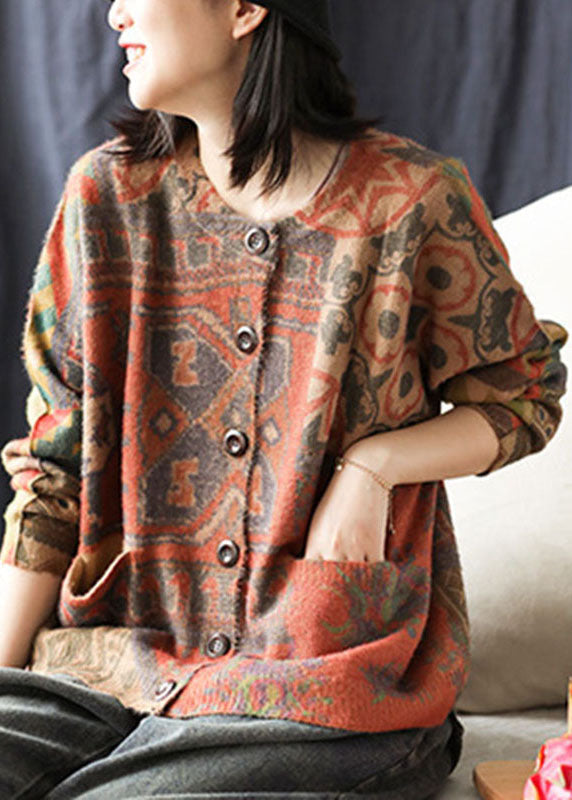 Diy Khaki Loose Knit Print Button Pockets Fall Sweater Cardigans