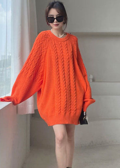 Diy Orange O-neck Cozy Knitted Dress Winter