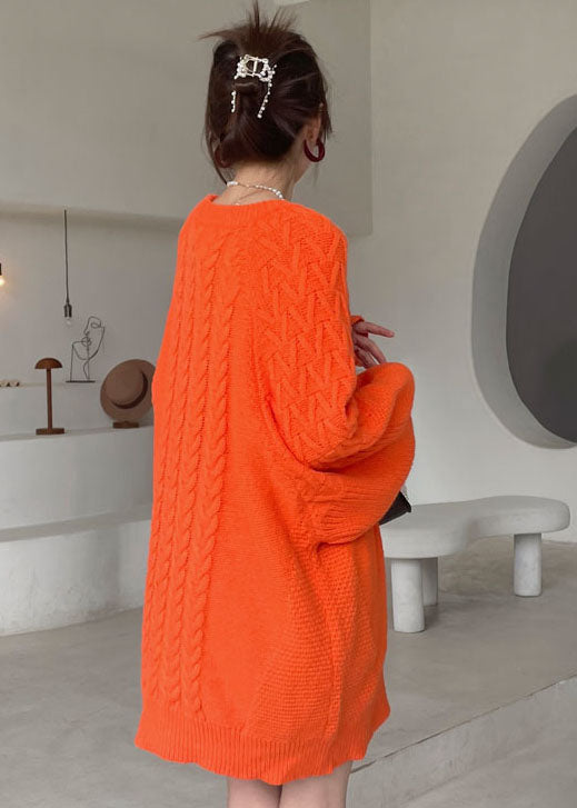 Diy Orange O-neck Cozy Knitted Dress Winter