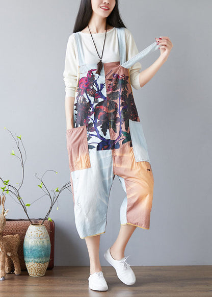 Diy Orange Pockets Print Patchwork Jumpsuits Spring
