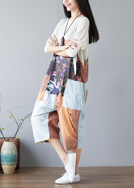 Diy Orange Pockets Print Patchwork Jumpsuits Spring