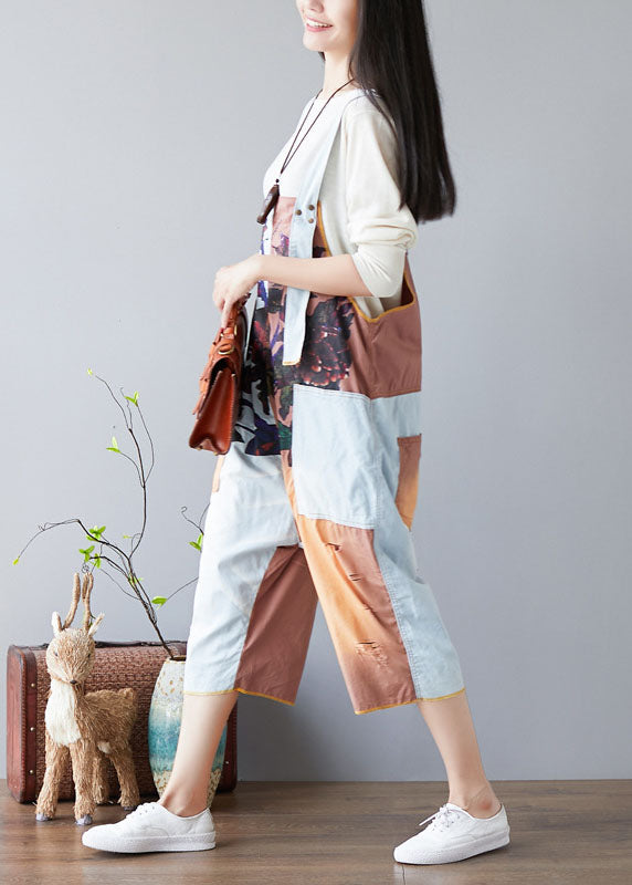 Diy Orange Pockets Print Patchwork Jumpsuits Spring