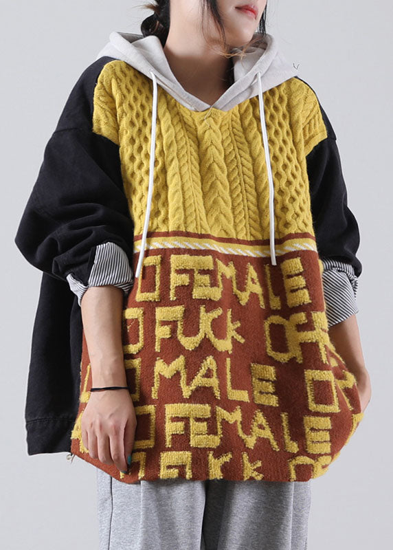 Diy Yellow Hooded Graphic Denim Patchwork Knit Sweaters Winter