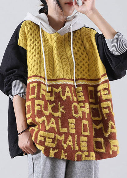 Diy Yellow Hooded Graphic Denim Patchwork Knit Sweaters Winter
