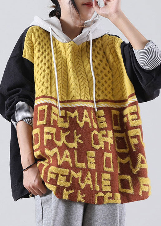 Diy Yellow Hooded Graphic Denim Patchwork Knit Sweaters Winter