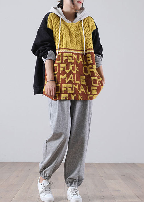 Diy Yellow Hooded Graphic Denim Patchwork Knit Sweaters Winter