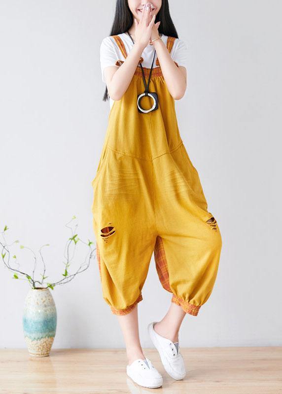 Diy Yellow Pockets Patchwork Plaid Fall Outfits Rompers Cotton