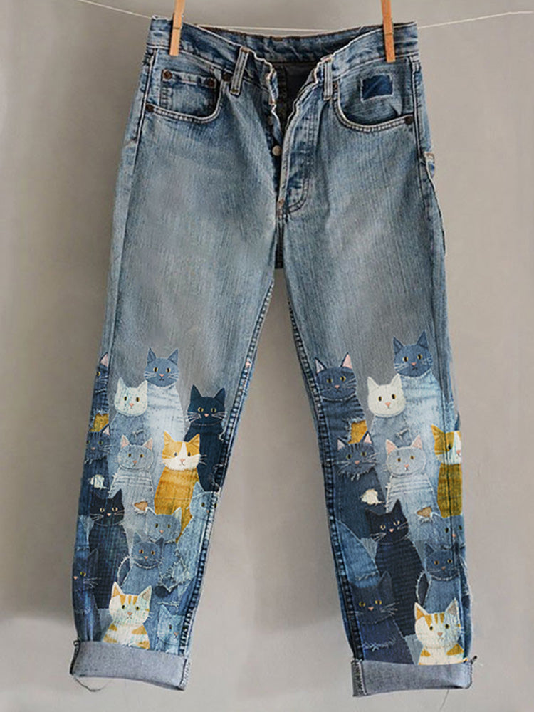 Comstylish Funny Animal Embroidered Print Jeans