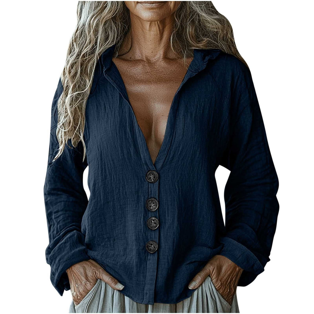 Women's Vintage Solid Color V-neck Linen Shirt artswardrobe
