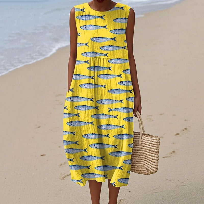 Comstylish Women's Cute Fish Art Print Art Linen Tank Dress