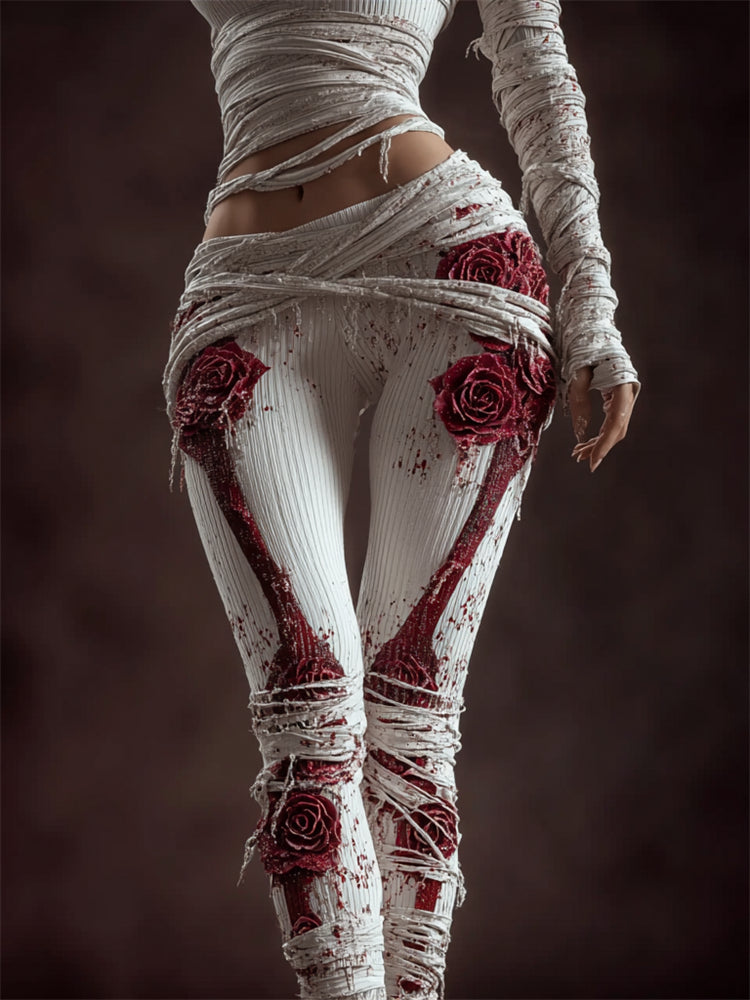 Comstylish Classy Skeleton Anatomy Bloody Roses Bandages Knit Leggings