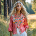 Vintage Bohemian Floral Embroidered Linen Shirt artswardrobe