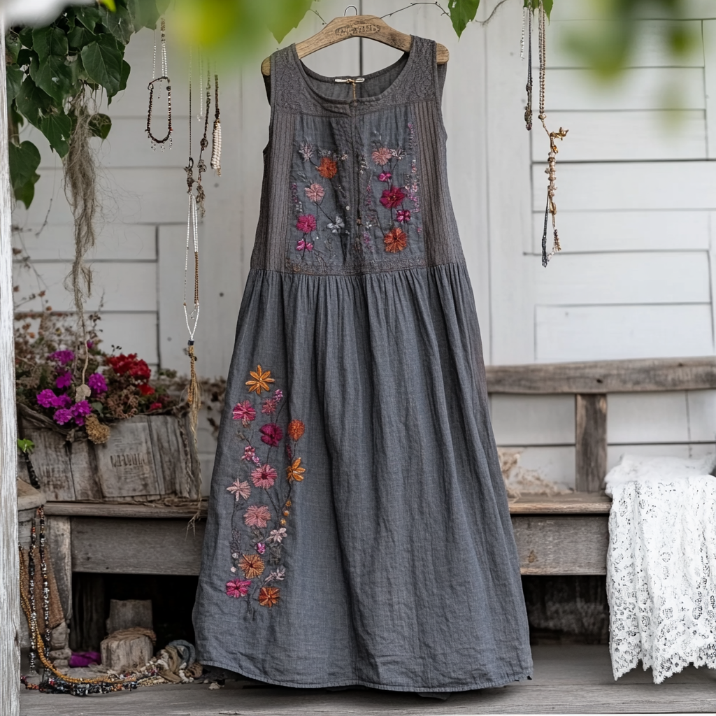 Elegant And Fashionable Floral Patch Cotton And Linen Sleeveless Women's Dress artswardrobe