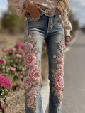 Women's Vintage Rose Floral Embroidery Art Jeans artswardrobe