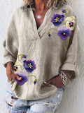 Comstylish Classy Pansy Flowers Embroidered Linen Blend Tunic