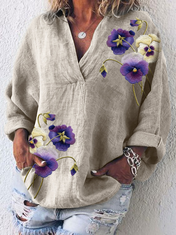 Comstylish Classy Pansy Flowers Embroidered Linen Blend Tunic