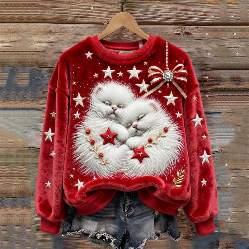 Christmas Sleeping Cats Stars Embroidered Cozy Plush Sweatshirt elevenforest