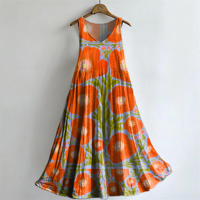 Women's Floral Art Print V-Neck Pocket Cotton Dress