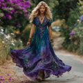 Women's Vintage Purple Roses Floral Embroidery Linen Short Sleeve Dress artswardrobe