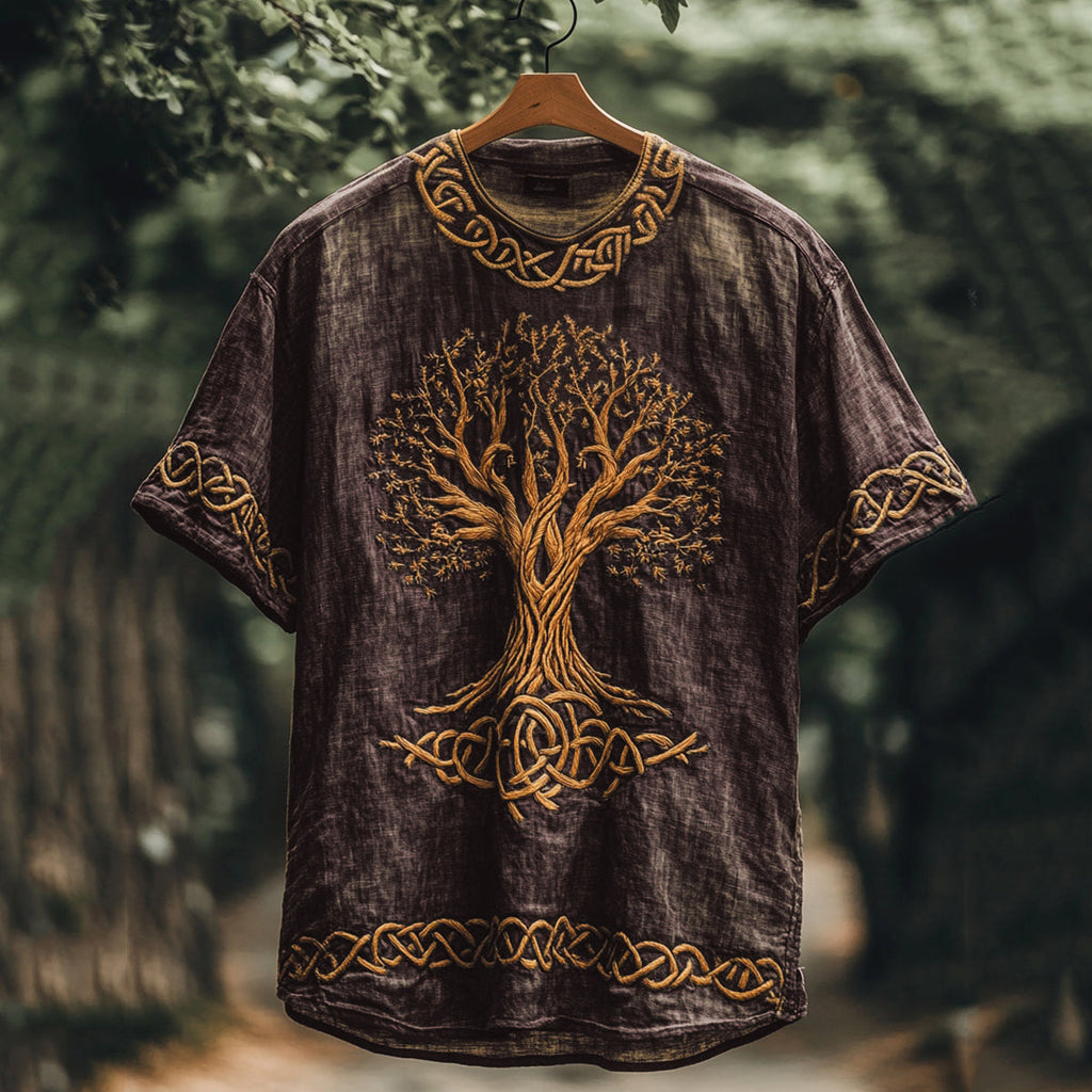 Viking Mythology Celtic Knot Tree Of Life Cotton Linen T-shirt artswardrobe