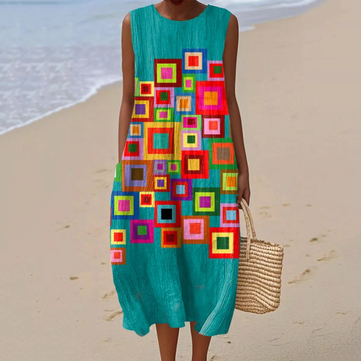 Women's Vintage Abstract Geometric Art Linen Dress artswardrobe