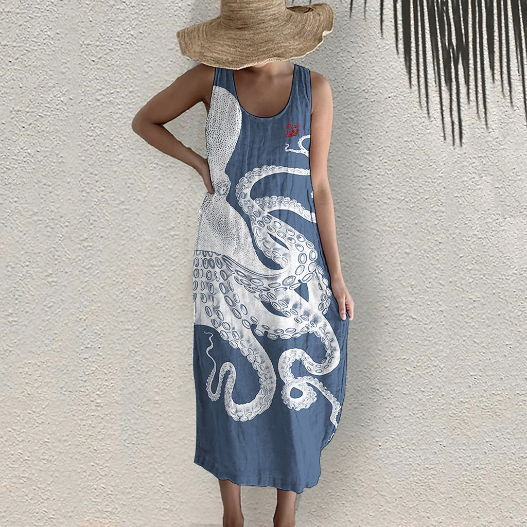 Comstylish Japanese Art Octopus Print Sleeveless Midi Dress