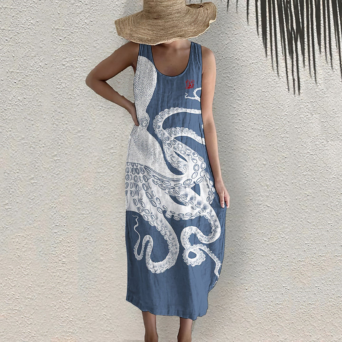 Comstylish Japanese Art Octopus Print Sleeveless Midi Dress