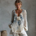 Comstylish Women's Vintage Rose Embroidery Gradient Linen V-neck Shirt