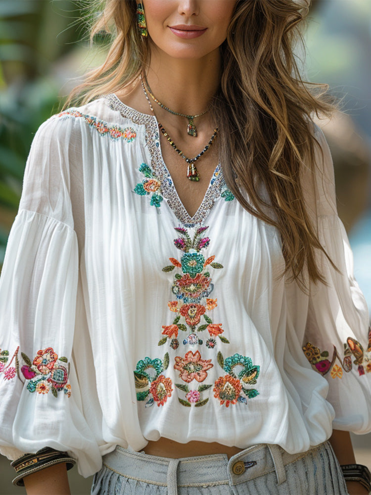 Comstylish Women's Vintage Linen Bohemian Print Shirt