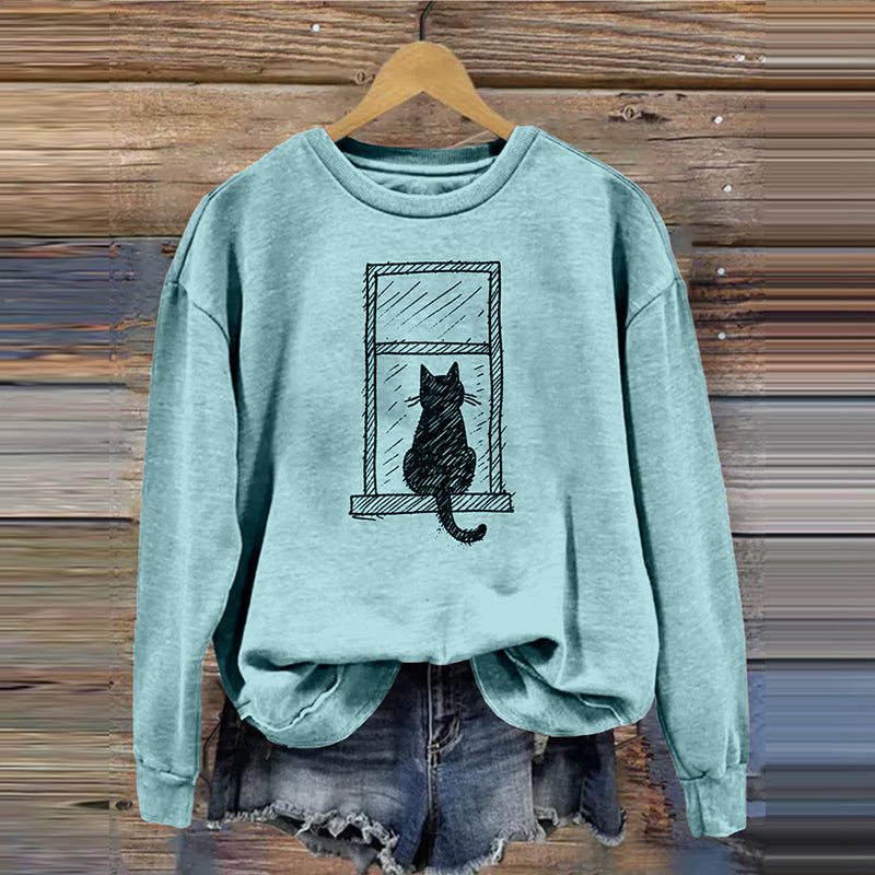 Comstylish Lovely Simple Cat Art Print Vintage Cozy Sweatshirt
