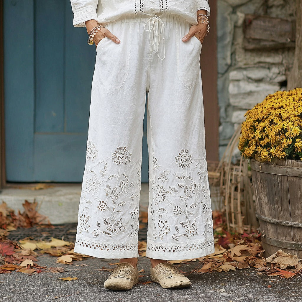 Comstylish Women's Vintage Floral Embroidery Casual Wide-leg Pants