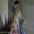 Women's Art Oil Painting Lavender Floral Sequin Gradient Maxi Dress artswardrobe