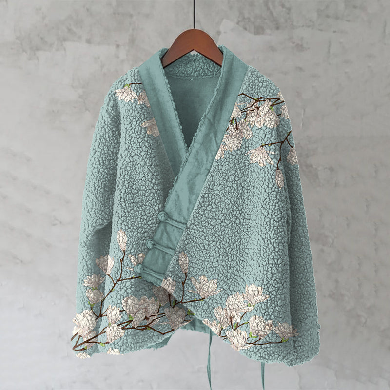Comstylish Magnolia Japanese Lino Art Cozy Fleece Kimono Cardigan