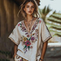 Women's Floral Embroidery Short Sleeve V Neck Casual Linen Top artswardrobe