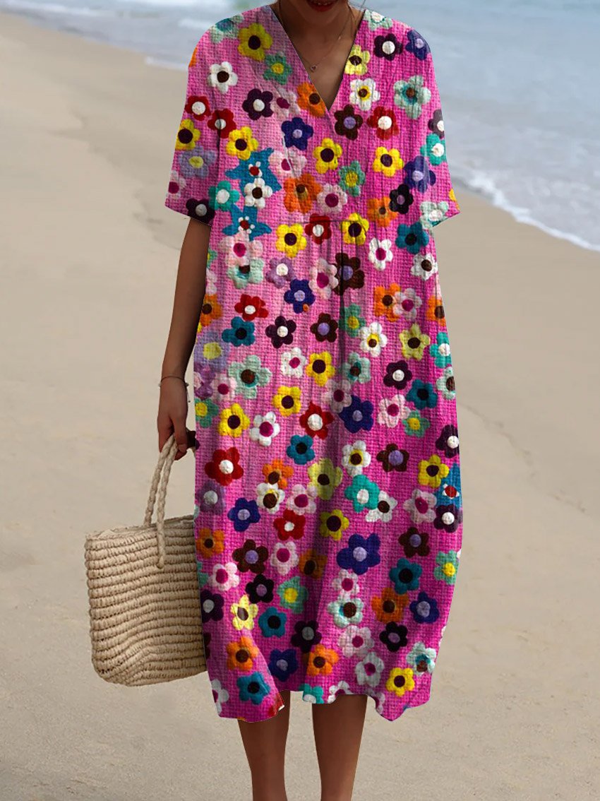Women's Vintage Lovely Floral Art Print Flowy Dress
