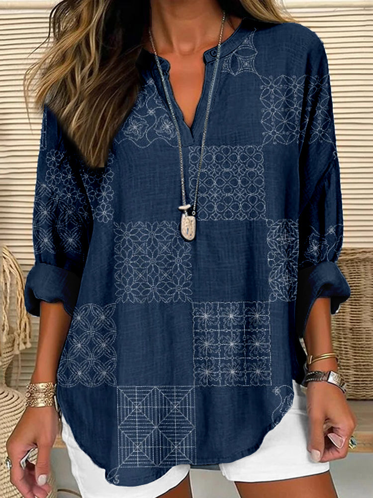 Comstylish Japanese Sashiko Checkered Pattern Linen Blend Shirt
