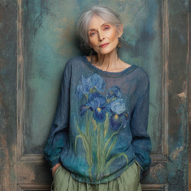 Vintage Irises Embroidered Gradient Linen Tunic