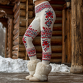 Comstylish Christmas Retro Plant Flower Design Women's Knitted Tight-fitting Leggings